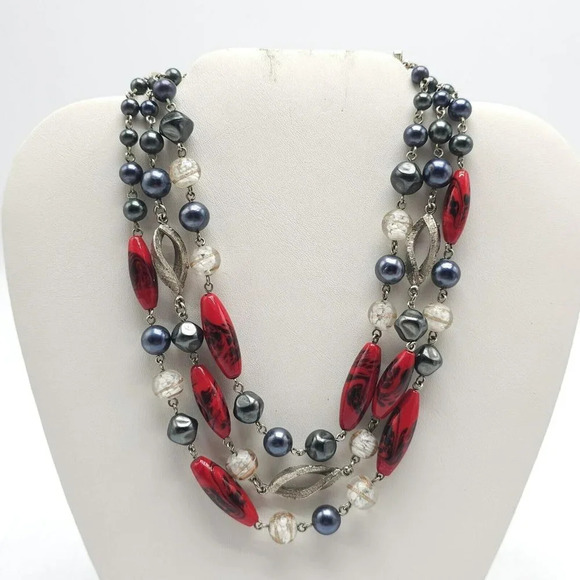 Japan High End Multi Strand Red Black Clear Glass Acrylic Bead Mix Ornate Clasp - Picture 1 of 7